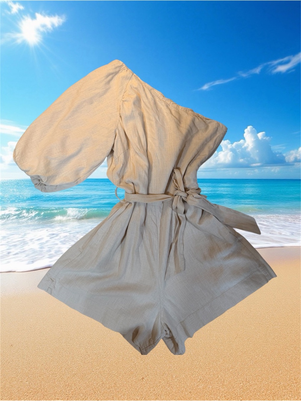 Hemp Made Beige One-Shoulder Linen Blend Romper with Tie Waist